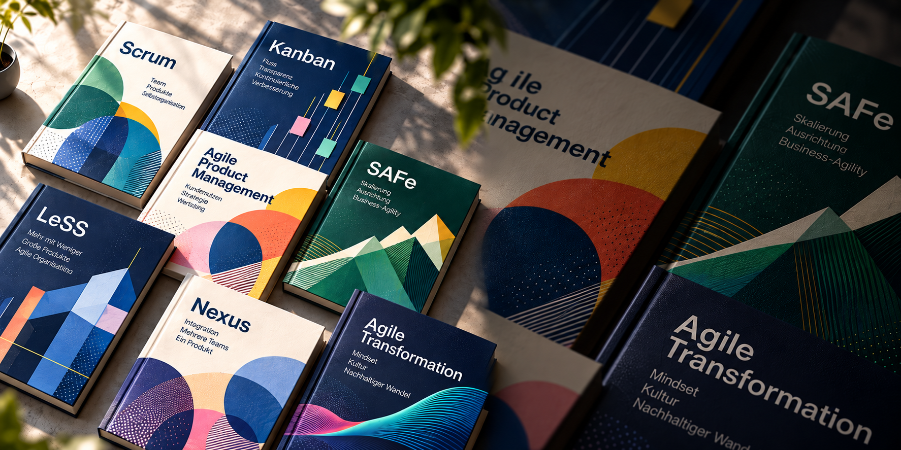 Eine zusammenhängende Buchkomposition zeigt links farbige Framework-Bücher und rechts deren vergrößerte dunkle Detailansicht. KI-generierte Abbildung.