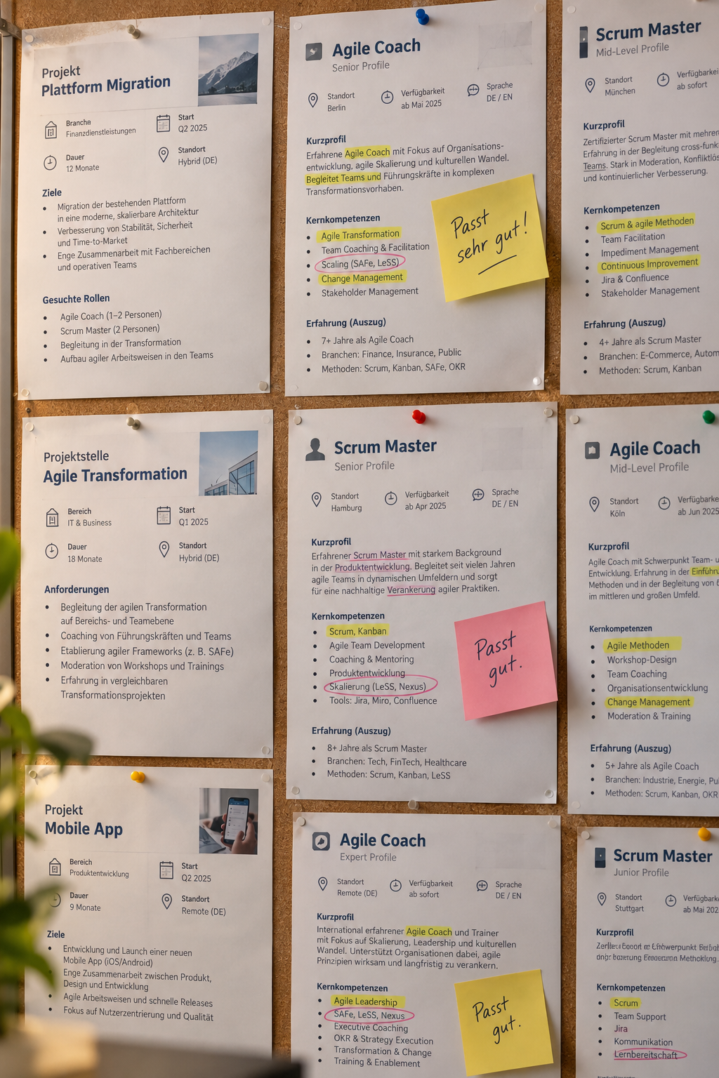 Projekt- und Rollenbeschreibungen hängen neben Profilen von Agile Coaches und Scrum Mastern an einem Board, mit handschriftlichen Markierungen und farbigen Notizen zur Auswahl. KI-generierte Abbildung.