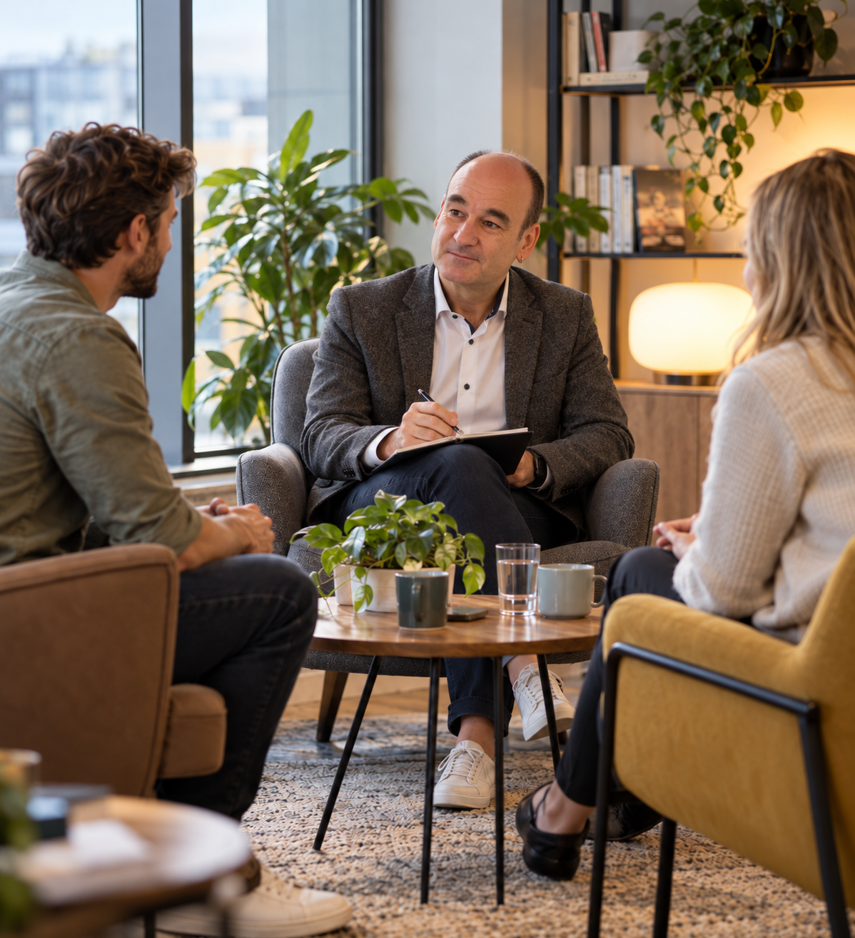 Carsten begleitet zwei Gesprächspartner in einer ruhigen Coaching-Situation in einer behaglichen Besprechungsecke. KI-generierte Abbildung.