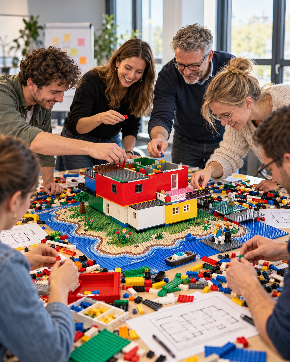 Fiktive Seminarteilnehmende bauen gemeinsam ein großes farbiges LEGO-Haus auf einem Tisch. KI-generierte Abbildung.