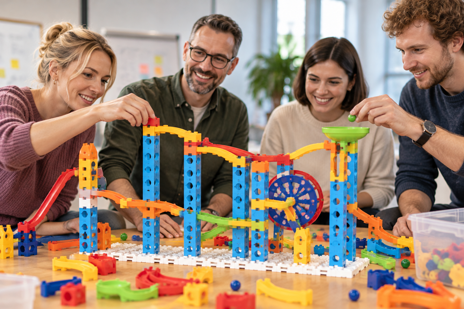 Fiktive Seminarteilnehmende bauen gemeinsam eine farbige Murmelbahn. KI-generierte Abbildung.
