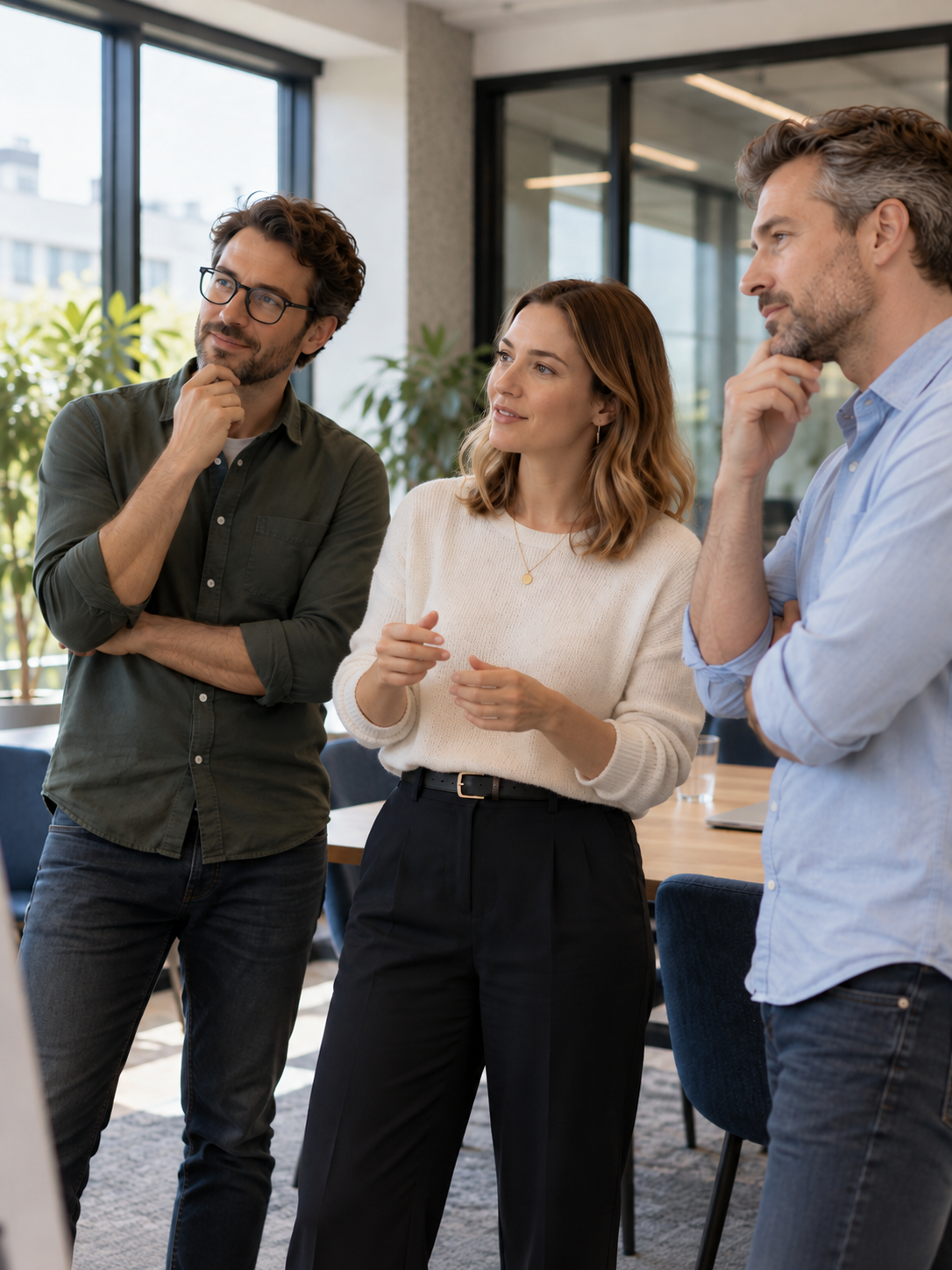 Drei Agile Coaches – zwei Männer und eine Frau – diskutieren mit zurückhaltender Gestik in einem Besprechungsraum. KI-generierte Abbildung.