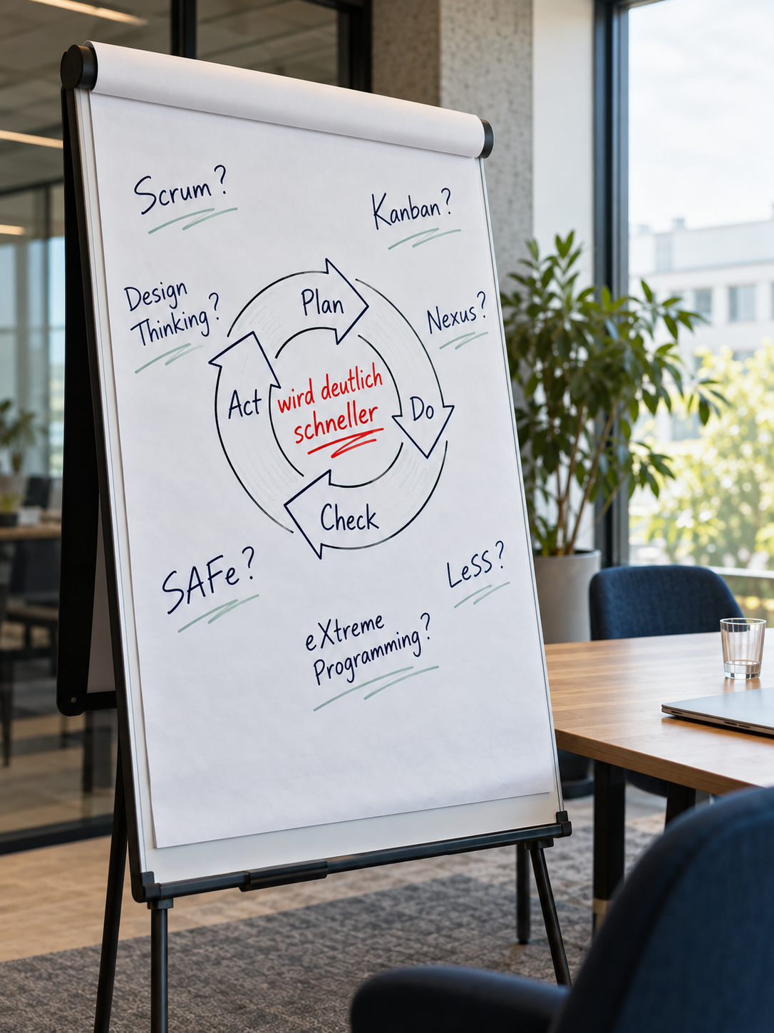 Ein Flipchart im Besprechungsraum zeigt den PDCA-Kreis und die rote Aussage „wird deutlich schneller“, umgeben von Fragen zu agilen Frameworks. KI-generierte Abbildung.