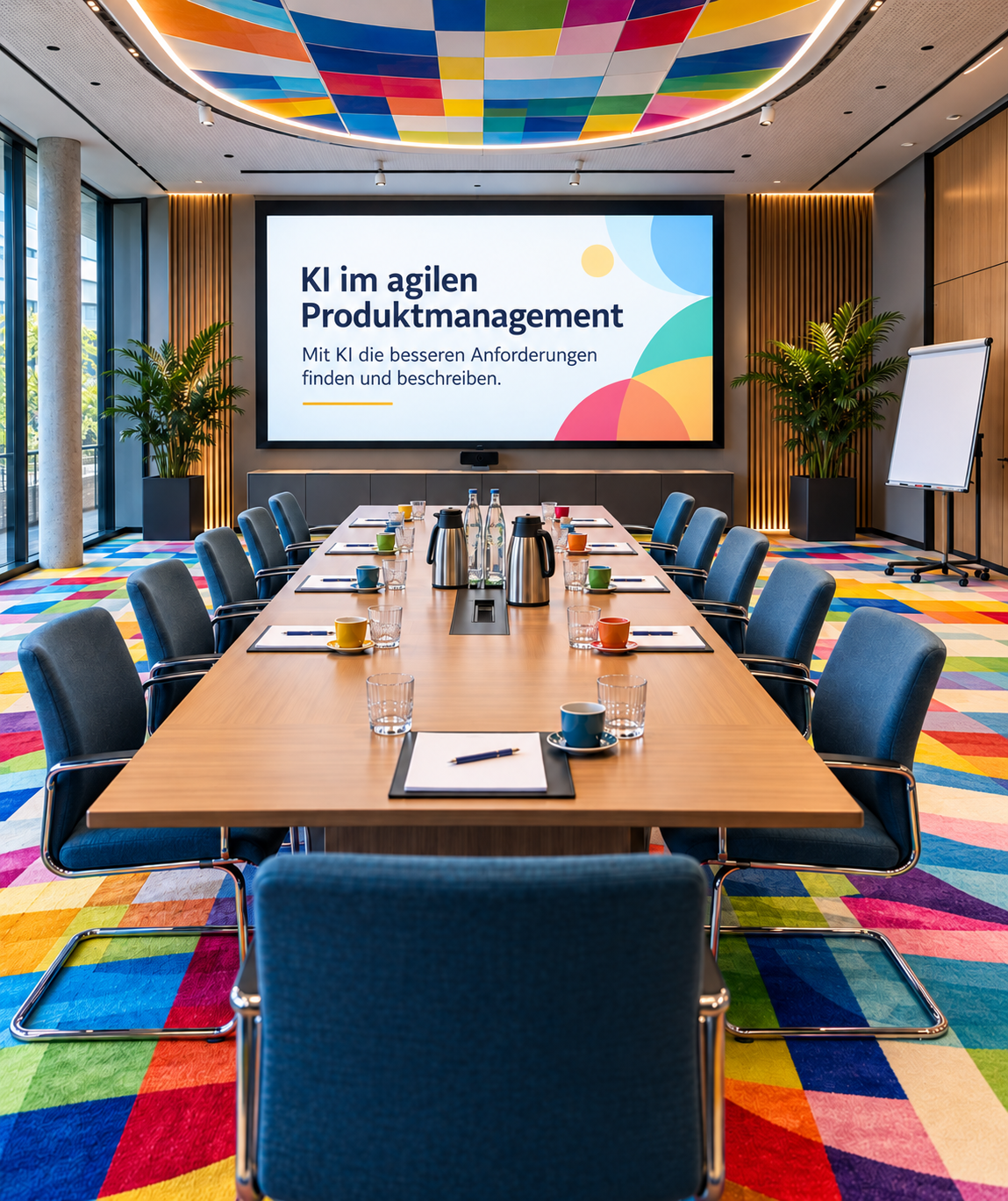 Für eine Schulung vorbereiteter, noch leerer Konferenzraum mit farbig gemustertem Teppich und passender Decke, gedecktem Tisch und Präsentation zu KI im agilen Produktmanagement. KI-generierte Abbildung.