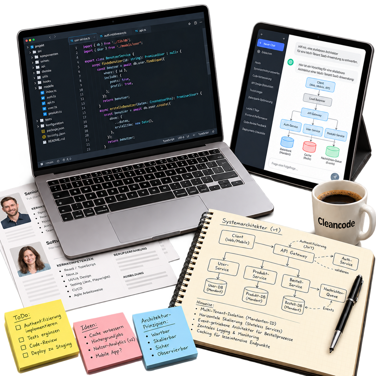 Arbeitsmittel der Softwareentwicklung: Laptop, Tablet, Architektur-Notizbuch, Profile, Notizen und Cleancode-Kaffeetasse. KI-generierte Abbildung.