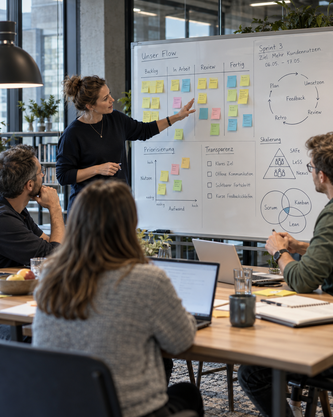 Moderatorin und Team arbeiten an einem Board mit Flow, Sprint, Priorisierung und agilen Konzepten. KI-generierte Abbildung.
