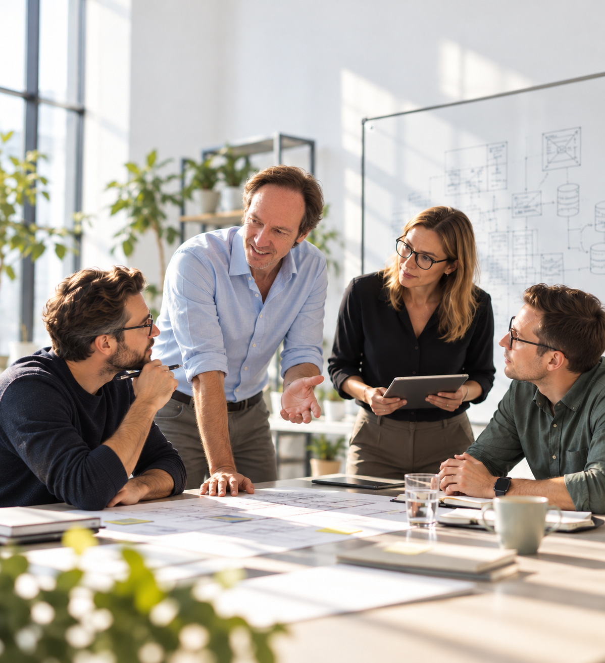 Vier Fachkräfte tauschen sich an einem Arbeitstisch über Softwarearchitektur und Projektunterlagen aus. KI-generierte Abbildung.